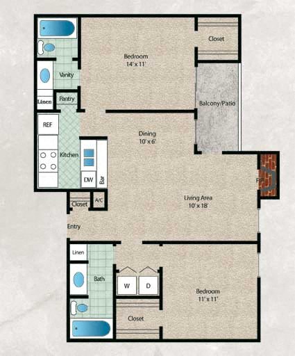Floor plan for 2 beds, 2 baths, 957 sqft